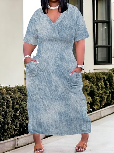Image of SUZONANA Plus Size Denim Print Maxi Dresses for Women Casual V Neck Short Sleeve with Pockets Soft Jean Look Dress XL-6XL