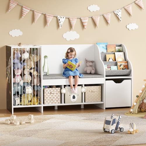 DTK Kids Reading Nook with Bench,Toy Storage Organizer with Stuffed Animals Holder,Kids Bookshelf with Seat Cushion,3 Storage Cubbies and Toy Box on Wheels for Playroom,Bedroom,Nursery,White