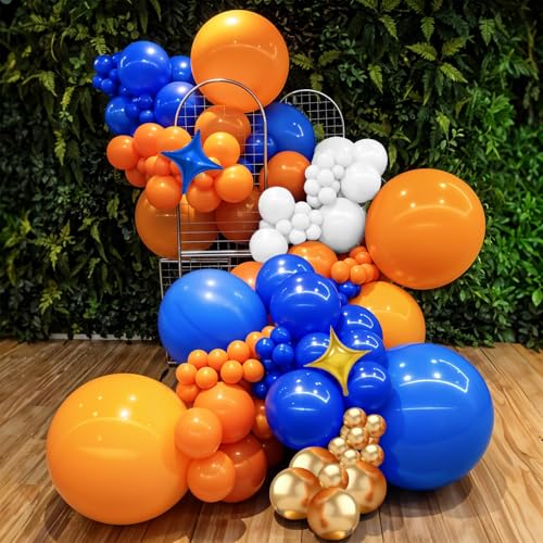 Image of Blue and Orange Balloon Arch, Royal Blue White Balloon Garland Party Decor | Metallic Gold Balloons with Star Foil Balloon for Birthday Graduation Baby Shower Baseball Wedding Party Decorations
