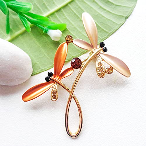 Image of Navachi 18k Gold Plated Multicolor Enamel White Crystal Double Dragonfly Wings Brooch Pins