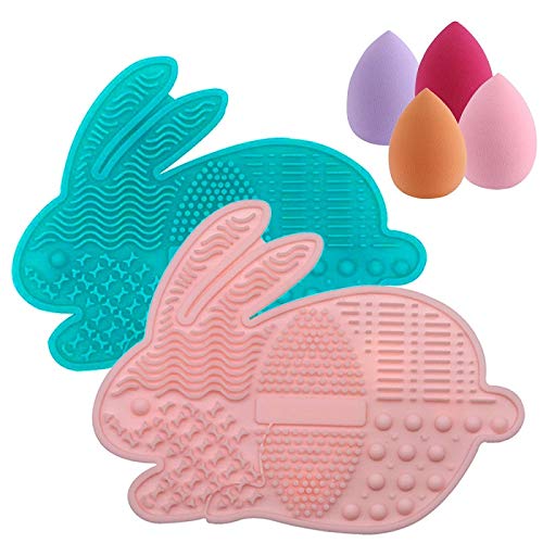 Makeup Brush Cleaning Mat, Futu Silicone Bunny Makeup Brush Cleaner Pad Cosmetic Brush Cleaning Mat Portable Washing Tool Scrubber with Suction Cup, Mint Green- Set of 2 (Pink & Mint Green)