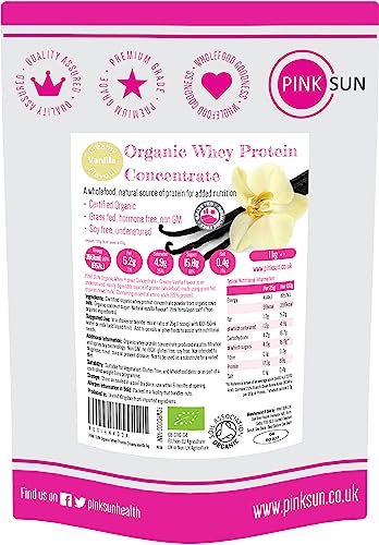PINK SUN Organic Whey Protein Powder Vanilla Flavour 1kg (or Chocolate) Concentrate Shake Soy Free Grass Fed Gluten Free Vegetarian Undenatured Non GM Certified Bio UK