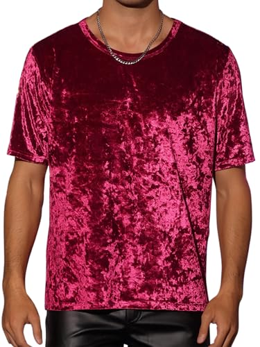 Lars Amadeus Burgundy Velvet T-Shirt for Men's Short Sleeve Crew