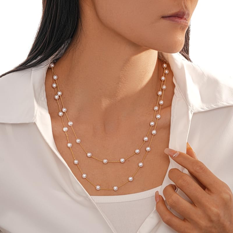 Gold Pearls Necklaces for Women-18K Gold Plated Layered Pearl Necklaces for Women Dainty White Pearls Choker Necklace Chain Pearl Necklace for Women Elegant Gifts2