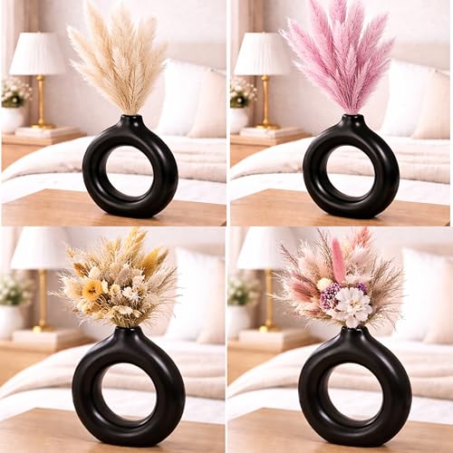 Image of Modern Matte Black Ceramic Donut Vase - Minimalist Hollow Round Flower Vase for Home Decor, Living Room, Bedroom & Office Accent, 5x5.1 Inch