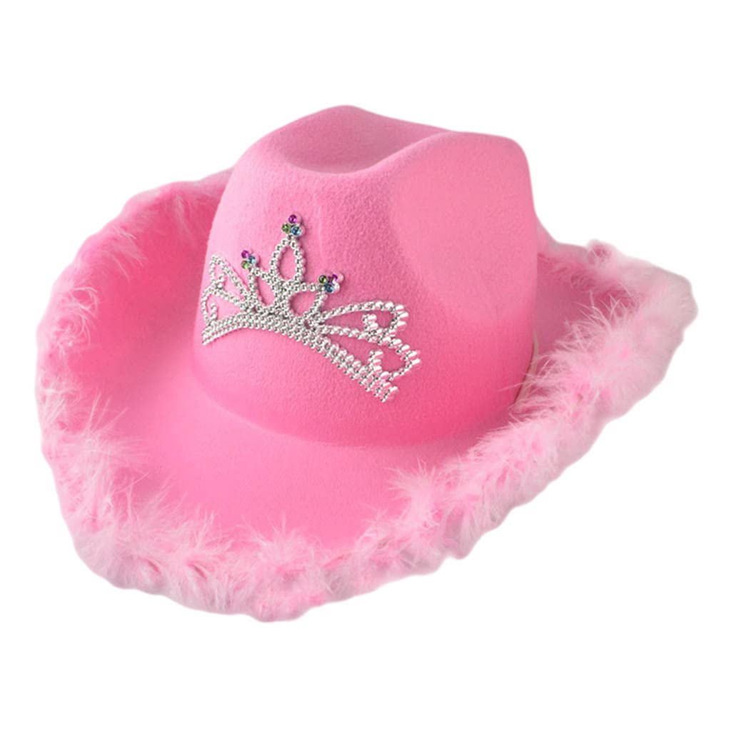 F Fityle Sombrero de vaquera rosa para adultos, sombreros de vaquera con tiara, accesorios de fieltro para disfraz de vaquero para adultos, sombrero de fiesta - Ala de plumas