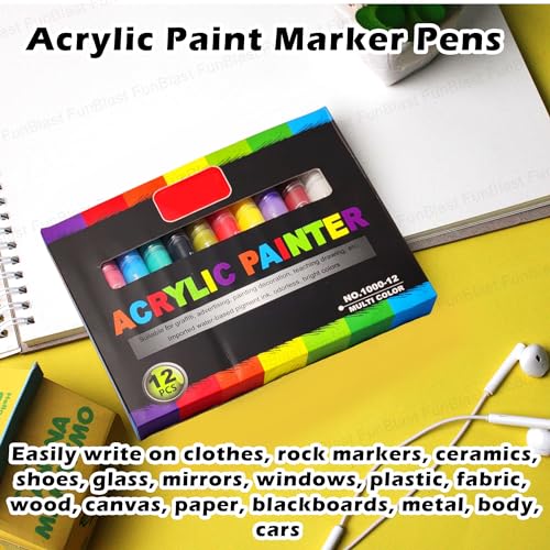 Image of FunBlast Acrylic Marker Set - 12 Thick Point Water Based Paint Pens For Diy Multicolor Marking
