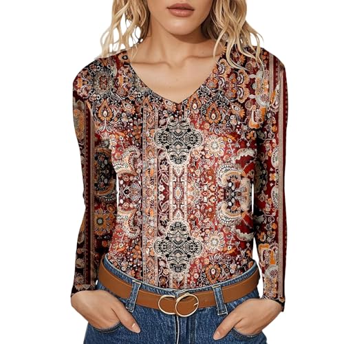 Damen Langarmshirt mit orientalischem Tapisserie-Muster - V-Ausschnitt Tunika im farbenfrohen Boho-Stil | Elegantes Oberteil für einen individuellen...