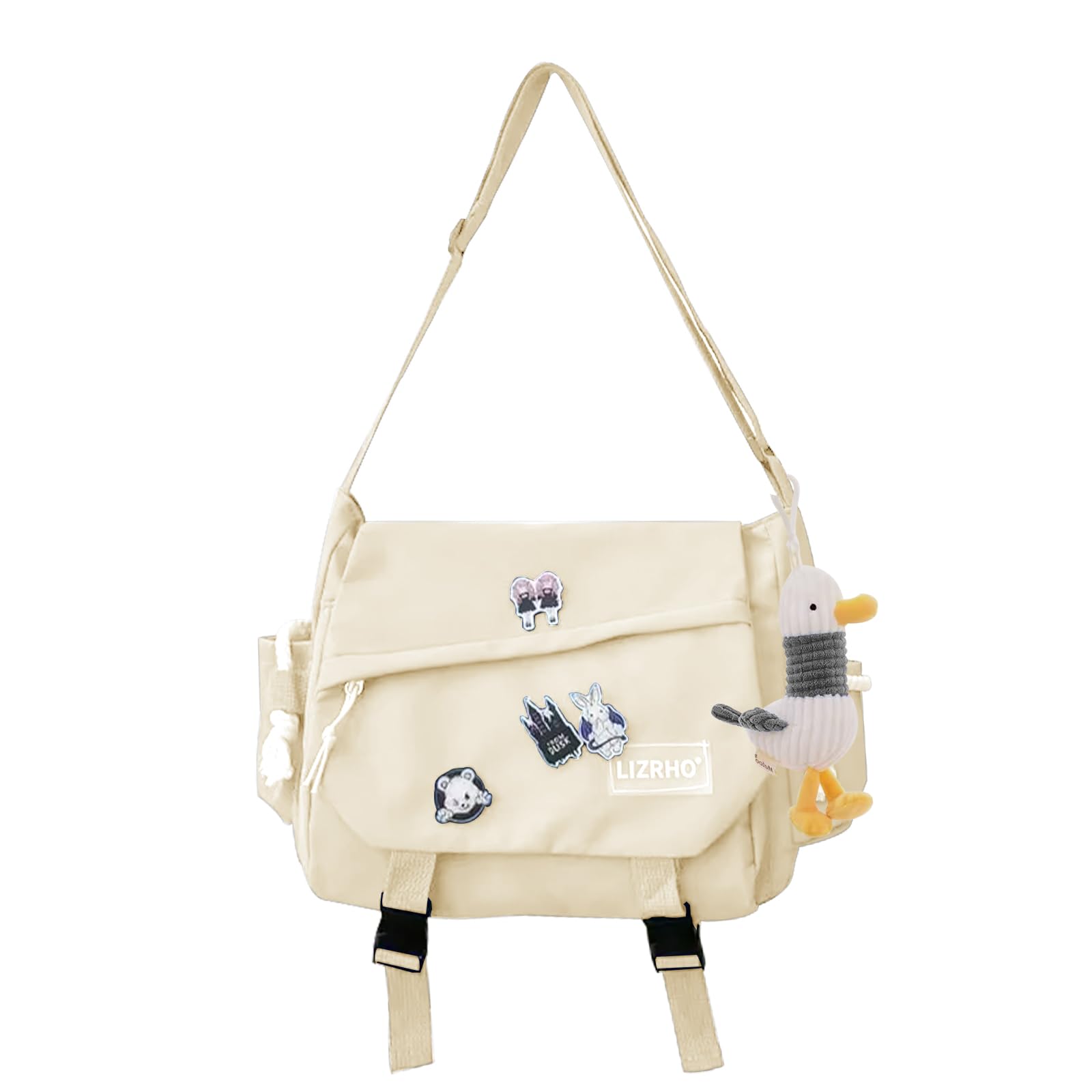 Aesthetic Crossbody Bag with Pins & Cute Accessory Kawaii Japanese Nylon Shoulder Messenger Bag for Women Men (white)