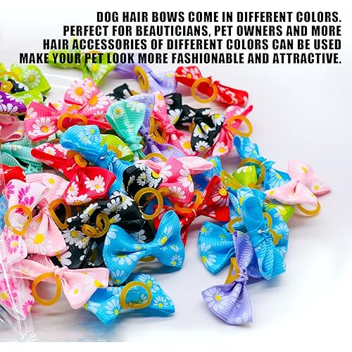 Symphonyw Dog Hair Bows, 28 Pcs Daisy Flower Dog Hair Bows with Elastic Rubber Bands - Image 2