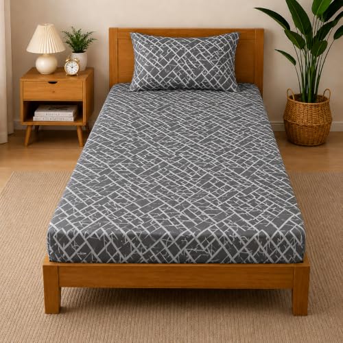 Image of Cotton Elastic Fitted Bedsheets with 1 Pillow Covers | Floral Printed Single Bed Elastic 220 TC Supersoft Breathable & Wrinklefree | for 36x72+6 Inches, Home Style Graphite Grey Abstract