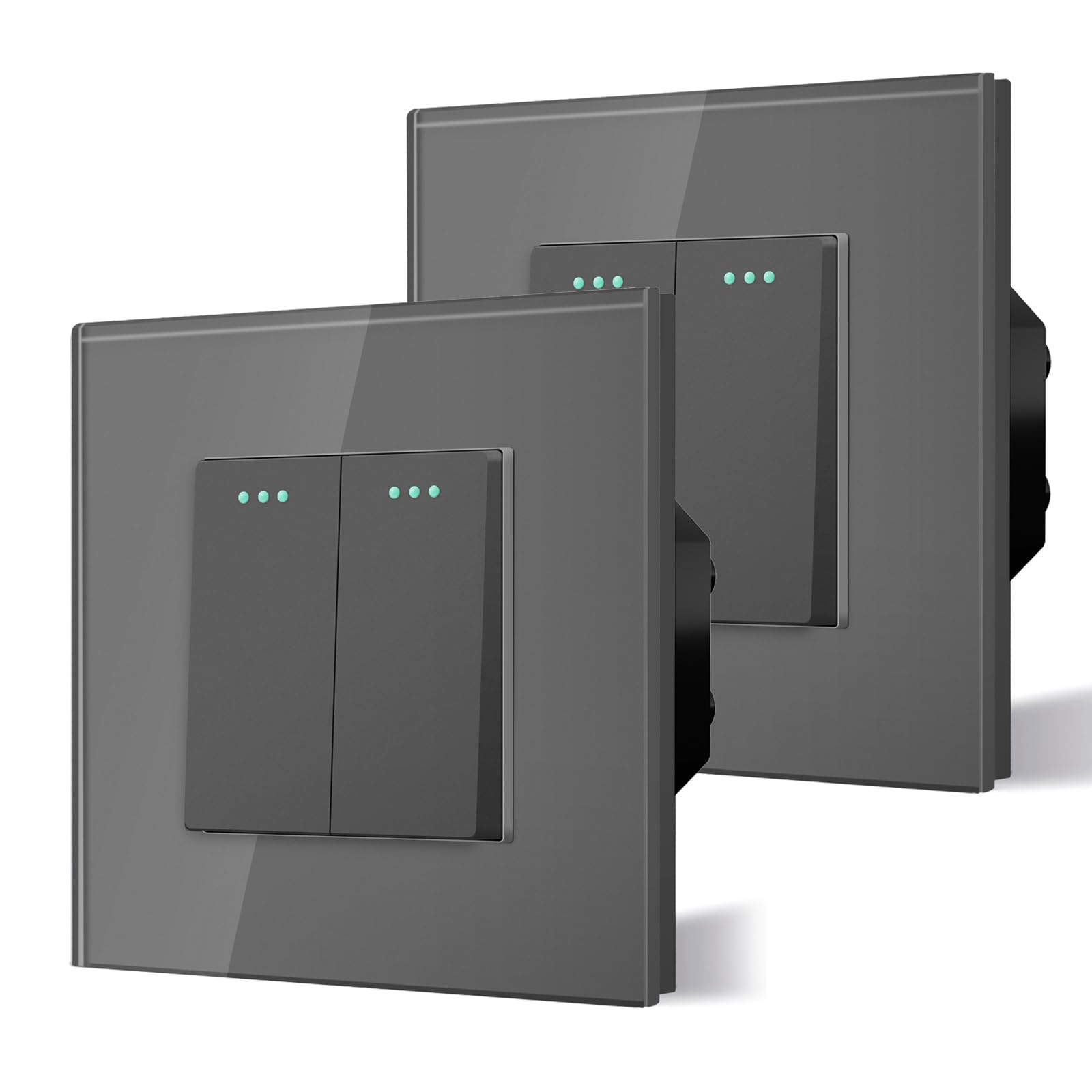 BSEED Electrical Wall Light Switch,Rocker Button wih LED Backlight,10A Toggle On/Off,Glass faceplate, Horizontal & Vertical Mounting,2 Gang 2 way-2 Pack,86mm Grey — image 1