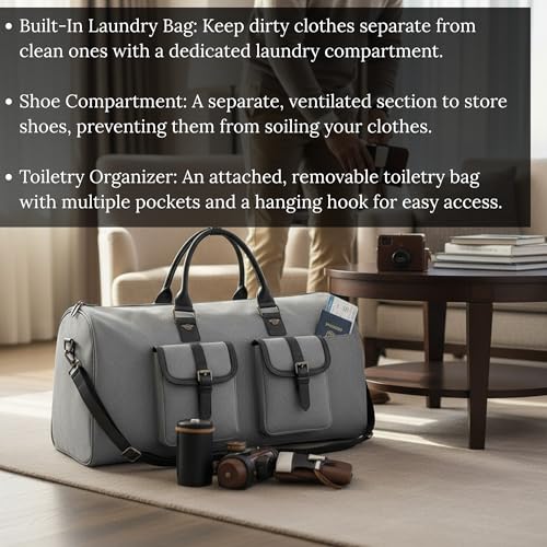Image of 45L Travel Duffel Bag Convertible Garment Bag for Men & Women - Carry On Suit Travel Weekender Bag with Shoe Compartment, Laundry Section & Toiletry Organizer, Waterproof Oxford Fabric (Grey)