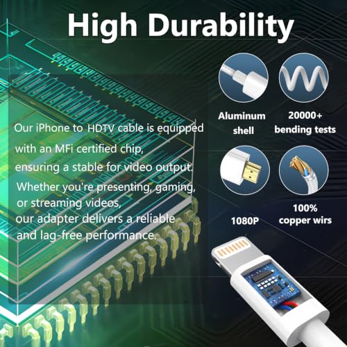 Image of KikoSaka Lightning to HDTV Cable for iPhone Digital AV Adapter | 1080P HD Video Sync Screen Connector iPhone 14 /13 /12 /11 /X /8 /7 to HDTV for TV Projector Monitor 6.6FT Woven White