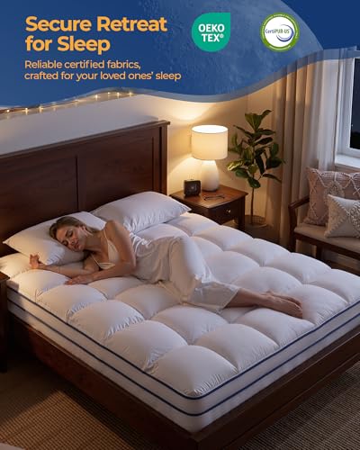 Image of KAYFIA Cal King Mattress Topper,Extra Thick Mattress Pad Cover for Deep Sleep,3D+7D Snow Down Alternative Fill Overfilled Plush Pillow Top with 8-23 Inch Deep Pocket-White