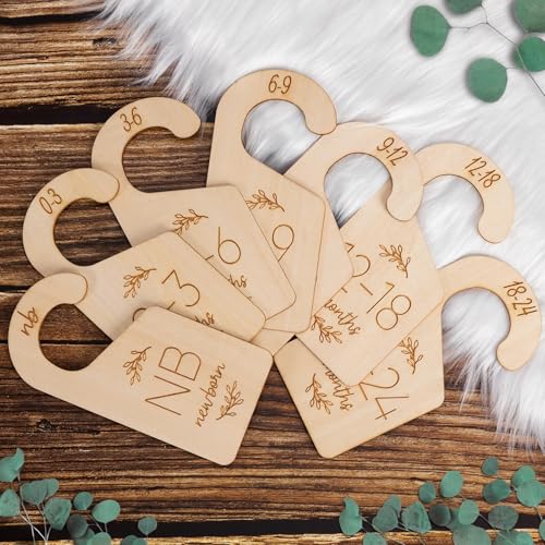 Image of Baby Closet Dividers for Clothes Organizer - Set of 7 Adorable Wooden Double-Sided Baby Clothes Size Hanger Organizer from Newborn to 24 Months for Nursery Beautiful Decor