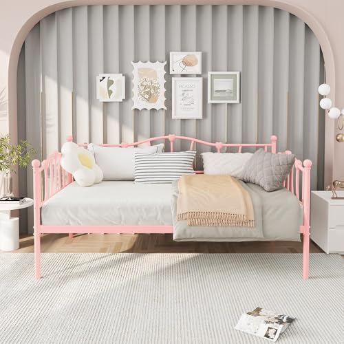 Image of GarveeHome Twin Size Daybed Frame, Sofa Bed with Stylish Headboard, Heavy Duty Steel Slat Support, Space Saving for Living Room /Bedroom /Guest Room, Pink