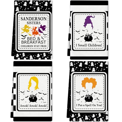 4 Pcs Halloween Kitchen Towels Hocus Pocus Decor I Smell Children Funny Hand Towels for Bathroom Gothic Dish Cloths Halloween Bathroom Decortions Housewarming Gift for Home Wall Decor 15.7x23.6 Inches