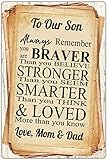 Letrero de estaño nostálgico con texto en inglés «To Our Son from Mom and Dad», letrero retro de metal con cita inspiradora para hijo, regalo para hijo, regalo para hijo, decoración de pared única