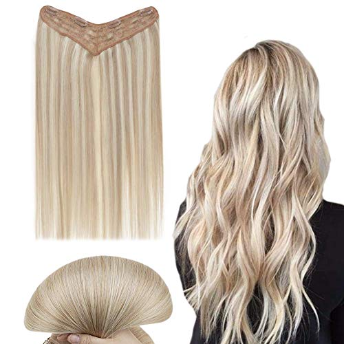 RUNATURE Clip Human Hair Extensions V Shape (Color 18P60 Ash Blonde with Platinum Blonde,14in,80g) One Piece Invisible Clip Blonde Hair Extensions