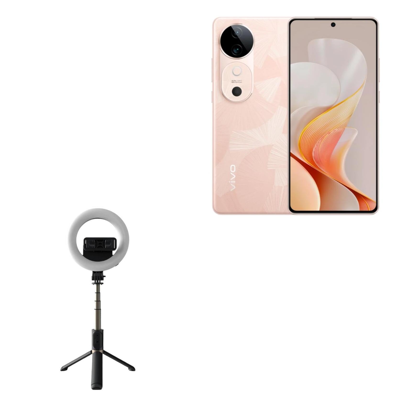 BoxWave Stand and Mount Compatible with vivo V50 - RingLight SelfiePod, Selfie Stick Extendable Arm with Ring Light - Jet Black