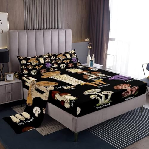 Feelyou Mushroom Bed Sheet Wild Fungus Sheet Set Botanical Plant Bedding Set 1 Fitted Sheet & 1 Flat Sheet & 1 Pillowcase