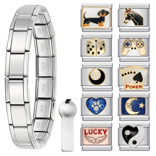 Double Fair Silver Stainless Steel 6.75 Inch Italian Charm Bracelet Starter with Opening Tool Interchangeable 9mm Modular Links Nomination Bracelet Jewelry for Women Men
