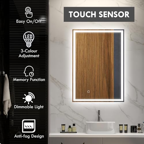 HOMCOM Bathroom Mirror with LED Lights, Illuminated Makeup Mirror with 3 Colours, Defogging Film and Memory Function, Hardwired, Horizontal or Vertical, 70 x 50 cm - Cosy Home Interiors HOMCOM Bathroom Mirror with LED Lights, Illuminated Makeup Mirror with 3 Colours, Defogging Film and Memory Function, Hardwired, Horizontal or Vertical, 70 x 50 cm - Image 3