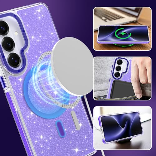 Image of Magnetic Case for Samsung Galaxy S26 Plus [Compatible with Magsafe] [Bling Glitter Fluorescent Design] [1 Screen Protector] Slim Translucent Matte Case for Galaxy S26 Plus 6.7 inch, Purple