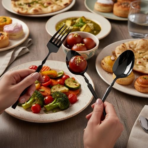 Image of 30 Pcs Black Cutlery Set for Dining Table the Perfect Lightweight Silim Handle Tableware Including Dinner Spoon, Dinner Fork, Dinner Knife, Dessert Spoon & Dessert Fork