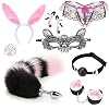 Namaakbont Cat Ears Hair Clip Furry Wolf Fox Long Tail Kostuum Halloween Party Neck Chocker Cosplay Set （Roze）