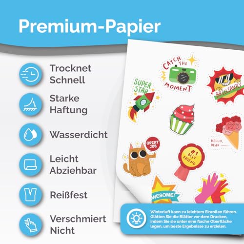 Bedruckbares Vinyl-Aufkleberpapier – 32 Blatt – glänzend, A4 – Vinyl-Aufkleberpapier für Laser- und Tintenstrahldrucker – Sticker Papier zum Bedrucken – Trocknet Schnell, Lebendige Farbe (Glossy)