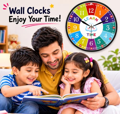 Image of AmeraKart- 10 Inch Kids Educational Wall Clock for Learning Time - Colorful Hour & Minute Teaching Clock for Children, Classroom & Study Room Decor I No Drill-Free Adhesive Hook Included