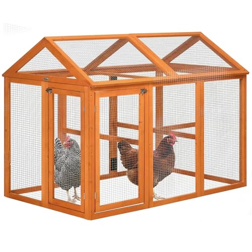 PawHut Gallinero para Exterior, 140x88,5x106 cm, Gallinero de Madera para 1-3 Gallinas con 3 Perchas y 2 Puertas con Cierre, para Gallinas, Conejos, Patos, Naranja