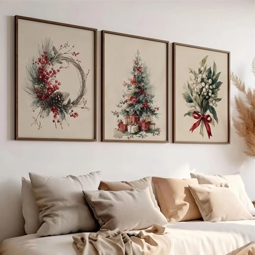 Genérico Set de 3 Pósteres Navideños: Corona Navideña, Árbol de Navidad con Regalos y Ramo Festivo. Láminas sin Marco para Sala, Dormitorio y Decoración Navideña Acogedora (21 x 30 cm)