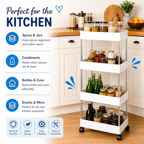 Image of Multipurpose 4-Tier Plastic Storage Rack with Wheels - Slim Organizer Shelf for Kitchen, Bathroom, Office & Home Use (White)