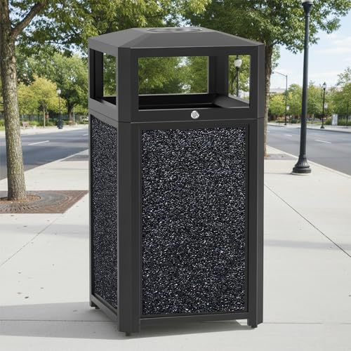 Image of 40 Gallon Commercial Outdoor Trash Can with Lid & Top Tray, Heavy-Duty Powder-Coated Steel Garbage Receptacle with Galvanized Metal Liner, Stone Panel Design for Park, Mall & Public Spaces