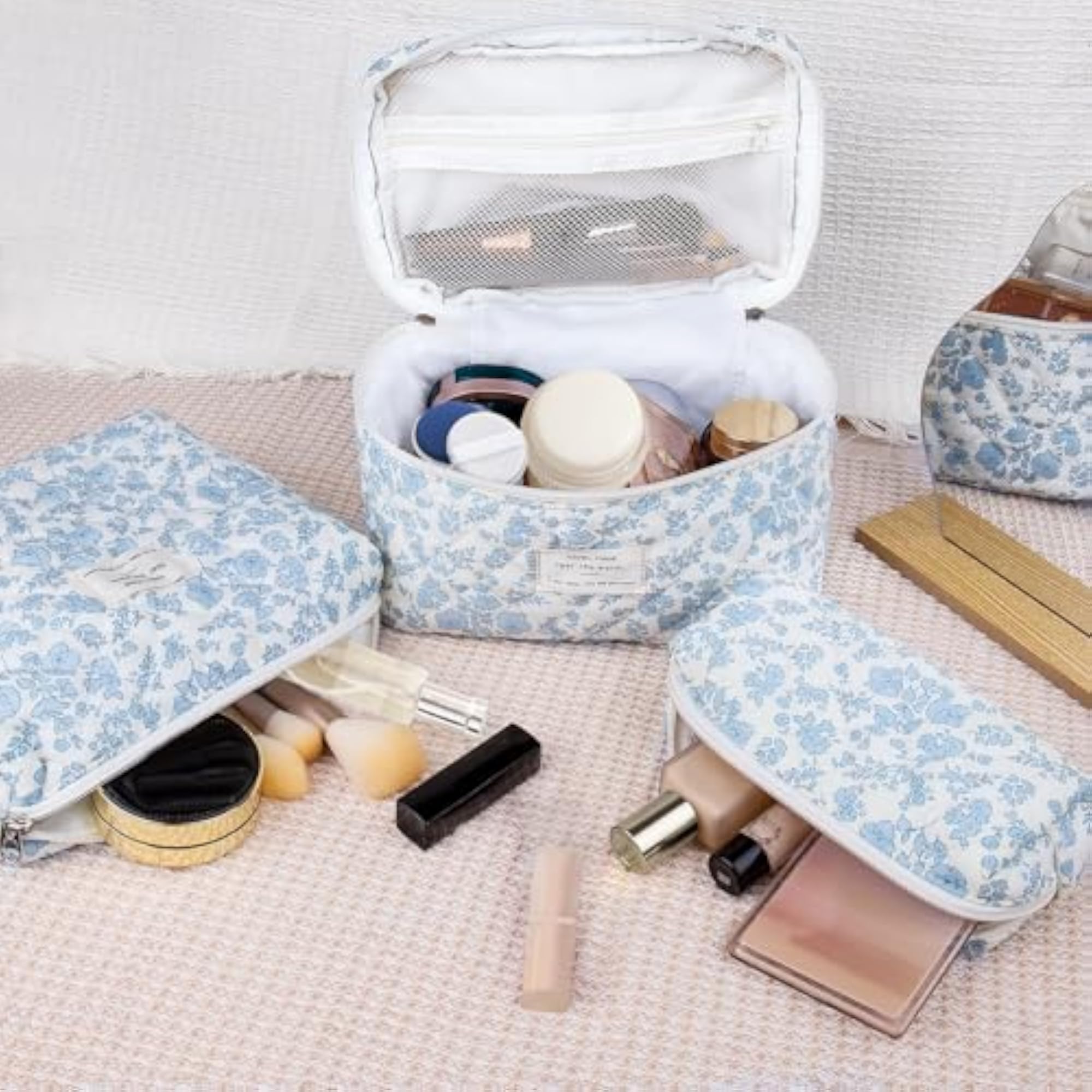 Large Floral Quilted Makeup Bag Set, Pink Flower