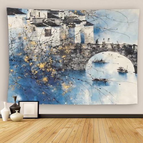 LIQIQA Stone Bridge Handmade Tapestry Wall Hanging Wooden Boats Roofed Buildings Blue And Golden College Dorm Beach Throws Table Cloth Bedding Tapestry 60"x 80"