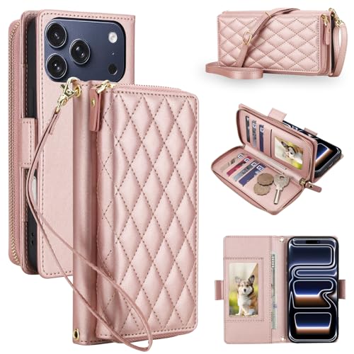 Housse portefeuille iPhone 17 Pro Max avec béquille et protection RFID or rose
