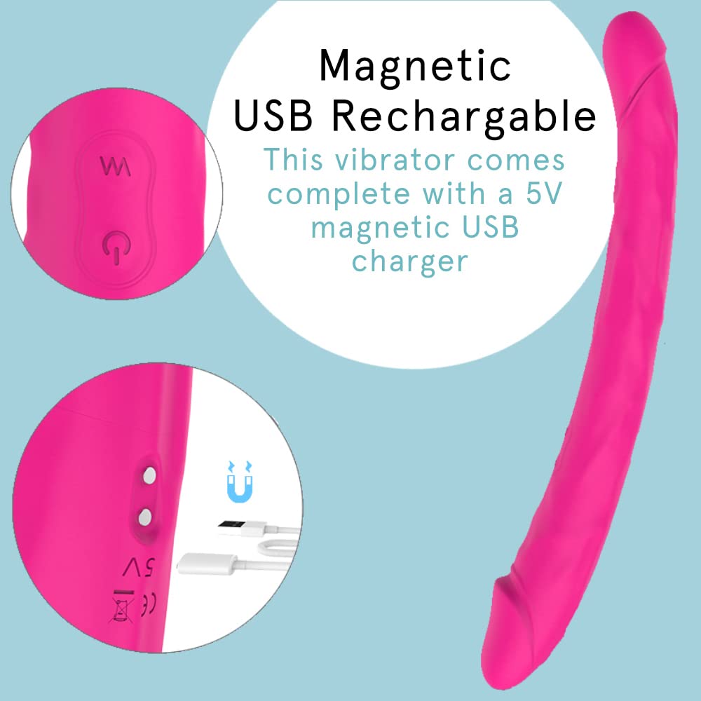 Vibrador de consolador de doble extremo Sh para juegos lésbicos | Rosa | 9 modos de vibración | Impermeable | Recargable con cargador USB incluido