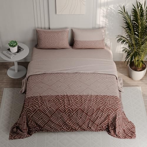 Image of BLISSHOME Everlast 150TC King Size Printed Bedsheet with 2 Pillow Covers for Double Bed, Aesthetic Bedding, Wrinkle Resistant, 100+ Wash Durable, Quick Dry, Geometric Pattern - Brown (228cm x 274cm)