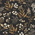 Laatse Vintage Wallpaper Peel and Stick Black Floral Wallpaper 17.5'' x 393'' Gold Leaf Contact Paper Vinyl Waterproof Self Adhesive Boho Botanical Wall Paper for Bedroom Shlef Cabinet Décor