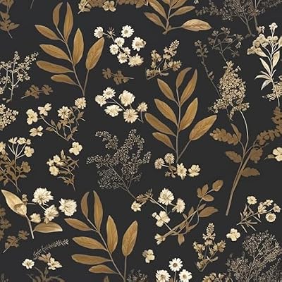 Laatse Vintage Wallpaper Peel and Stick Black Floral Wallpaper 17.5'' x 393'' Gold Leaf Contact Paper Vinyl Waterproof Self Adhesive Boho Botanical Wall Paper for Bedroom Shlef Cabinet Décor