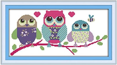 YEPLINSCross Stitch Kit with Stamped Fabric DIY Embroidery Kits for Beginners Children & Adults with 11CT Printed Pattern Three Cartoon Owls 48x24CM