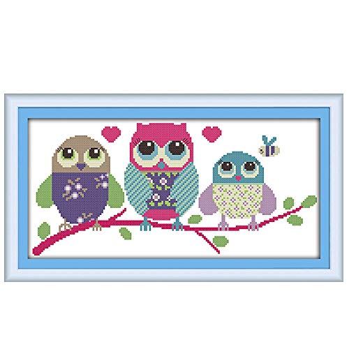 YEPLINS Kit de ponto cruz com tecido estampado kits de bordado de bricolage para iniciantes, crianças e adultos com padrão impresso de 11 quilates, três corujas de desenhos animados, 48 x 24 cm