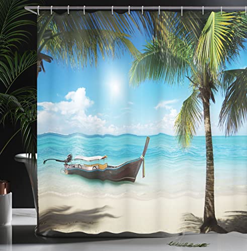 ABAKUHAUS Nautical Shower Curtain, Small Boat in the Atlantic Ocean Dominican Sunny Sea and Palm Trees Image - Image 3
