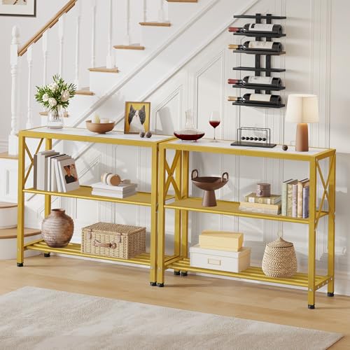 Image of Hoctieon Industrial Console Table, 3 Tier Entryway Table, Metal Frame, Sofa Tables with Shelf, Hallway Desk, Entrance Tables for Entryway, Living Room, Foyer, Hallway, Gold and White