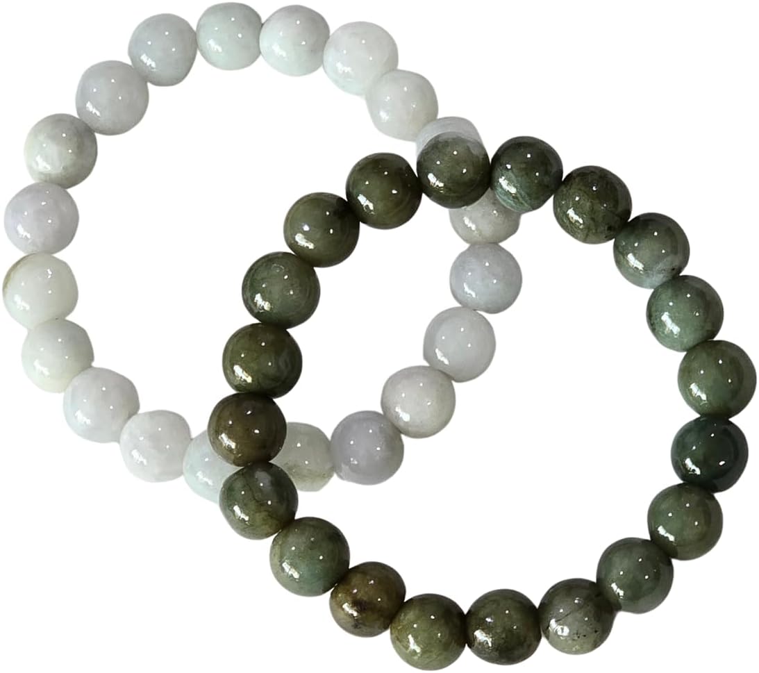 Natural Jade Bracelet Set 2PCS Dark Green & White Jade Beaded Bracelets 10mm, Feng Shui Protection Luck Balance Jewelry, Stretch Crystal Healing Unisex with Red Gift Bag.