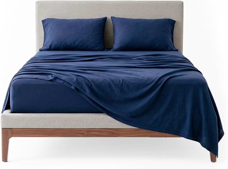 Decolab Jogo de Lençol Malha 100% Algodão Extra Macio - Roupa De Cama Antiácaro, Inclui Lençol Com Elástico (Forro) E Fronhas (Azul-marinho, Queen Completo)